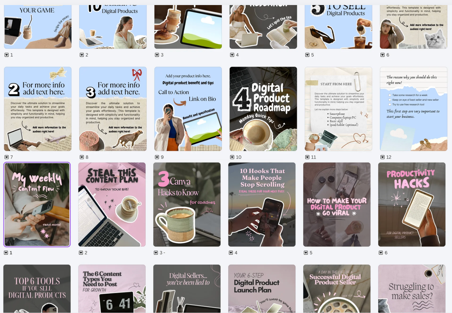 Muestra del catálogo de plantillas de Canva incluidas en el pack