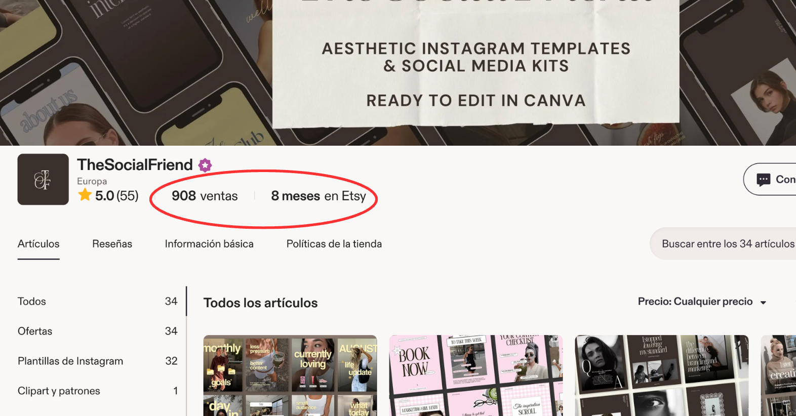 Tienda de Etsy con 908 ventas en 8 meses y 34 productos publicados